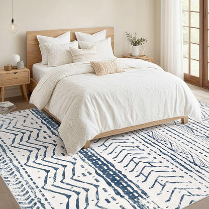 Nakagishi Area Rugs 8x10 Living Room: Washable Boho Large Neutral Soft Farmhouse Rug Stain Resistant Modern Moroccan Non-Slip Indoor Carpet for Bedroom Nursery Kids Playroom Office Dining Room- Navy