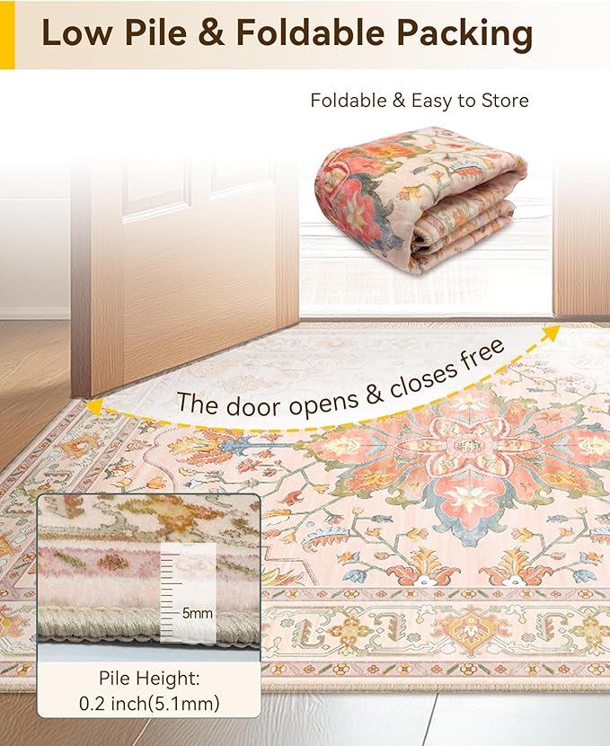 Area Rugs 2'x10' Washable Non-Slip, Floral Vintage Distress Print Pattern Medallion Carpet for Living Room Bedroom Dining Room, Light Pink Colorful