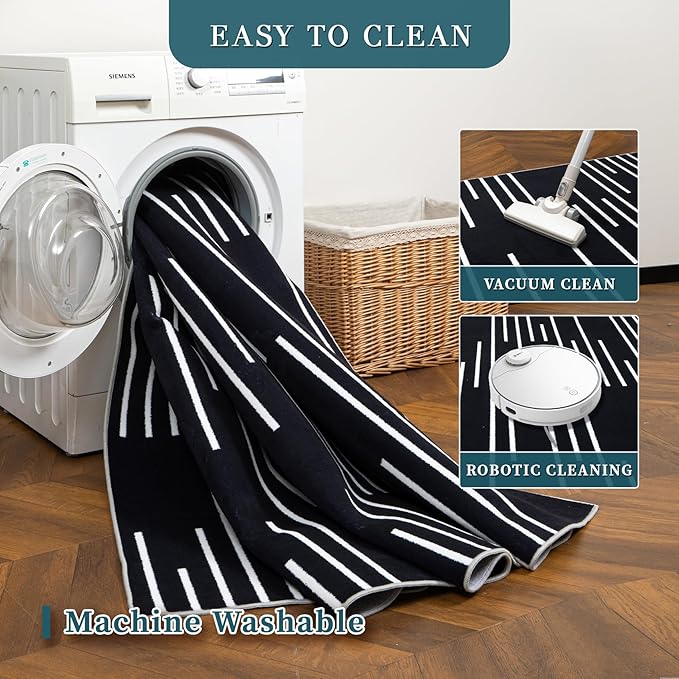 YIHOUSE Abstract Washable Rug 5x7,Ultra Thin Non Slip Black Rugs for Living Room,Modern Minimalist White Stripe Rugs for Bedroom,Dining Room Office Playroom (5'x7',Black-3)