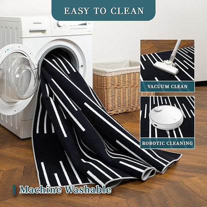 YIHOUSE Abstract Washable Rug 5x7,Ultra Thin Non Slip Black Rugs for Living Room,Modern Minimalist White Stripe Rugs for Bedroom,Dining Room Office Playroom (5'x7',Black-3)