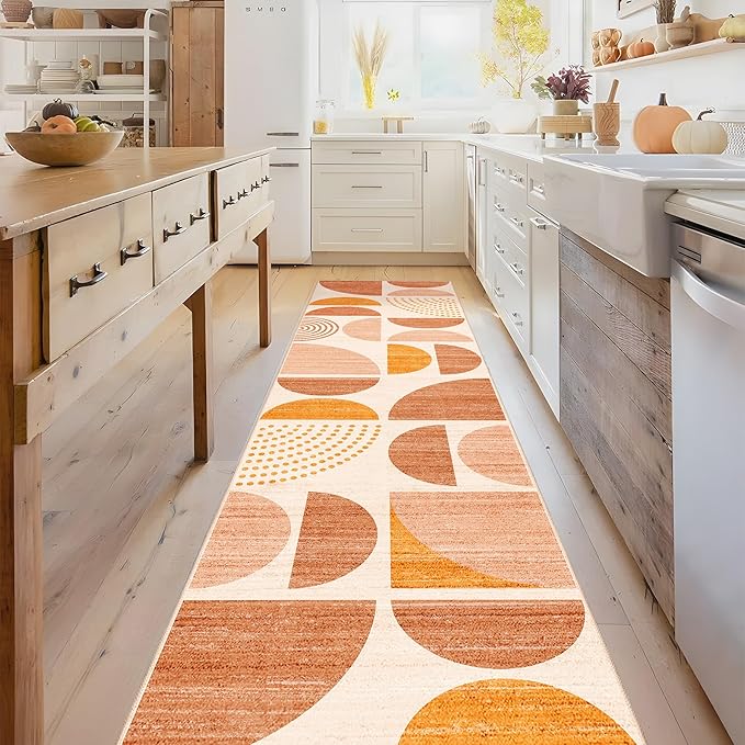 MUJOO Boho Runner Rug Washable,2x8 Area Rugs for Hallways Kitchen Bedroom Entryway Bathroom,Non Slip Carpet Long Mat Indoor,Soft Modern Abstract Bohemian Orange