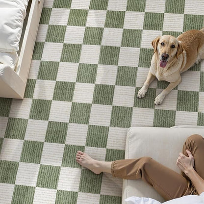 LIVEBOX Machine Washable Area Rug 6x9 Checkered, Non Slip Soft Large Bedroom Living Room Rug Farmhouse Neutral Classic Geometric Pattern Boys Rug, Indoor Carpet for Den Dorm Playroom(Sage Green,6'x9')