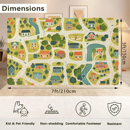 Cute Map Cars Washable 5x7 Area Rugs for Living Room, Thin Low Pile Contemporary Carpet, Non-Slip Base Lightweight Rug