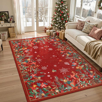 Wonnitar Christmas 5x7 Area Rugs, Red Floral Rugs for Living Room, Non-Slip Soft Bedroom Rug, Washable Low Pile Snowflake Holiday Decor Rugs Carpet for Dining Room Bedside(Christmas Red,5'x7')
