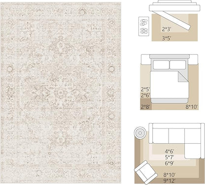 FMFUNCTEX 2x5 Washable Runner Rug Beige Vintage Neutral Distressed Oriental Non Slip Low Pile Indoor Carpet Retro Hallway Entryway Rug for Kitchen Living Room Bedroom Bathroom Laundry Entry Bedside