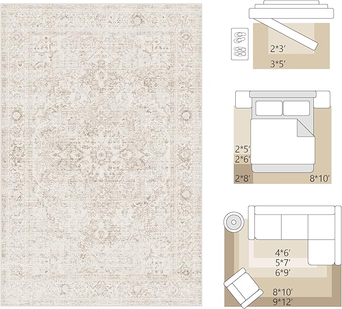 Fmfunctex 9x12 Washable Area Rug Beige Vintage Neutral Distressed Oriental Large Non Slip Carpet for Living Room Bedroom Soft Low Pile Indoor Mat Retro Throw Rug for Dining Room Kitchen Office Nursery