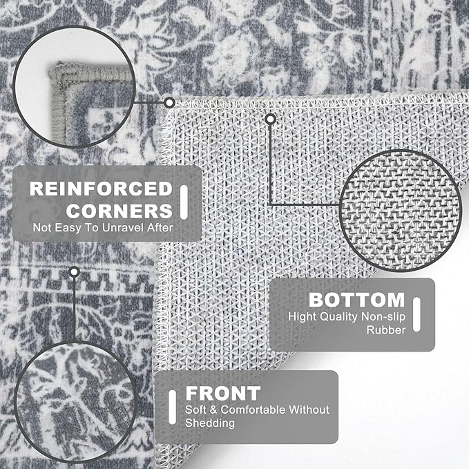 KILOCOCO Area Rug 3x5 Entryway Rug Washable Printed Vintage Floral Rubber Backed Non Slip Indoor Kitchen Rugs for Living Room Laundry Room Playroom Mudroom Moroccan Area Rugs, Grey
