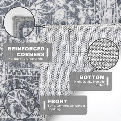 KILOCOCO Area Rug 4x6 Entryway Rug Washable Printed Vintage Floral Rubber Backed Non Slip Indoor Kitchen Rugs for Laundry Room Playroom Bedroom Living Room Moroccan Area Rugs, Grey