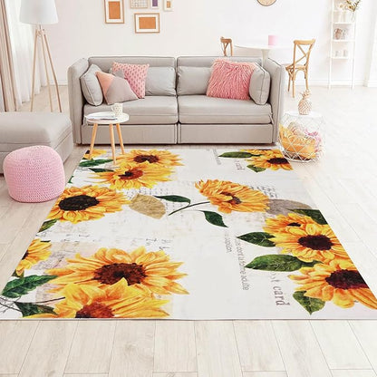 Sunflower Machine Washable Area Rug 4' x 6', Soft Non Slip Botanical Accent Floral Indoor Rugs, Vintage Rugs for Living Room Bedroom Floor Carpet Yoga Mat Home Office
