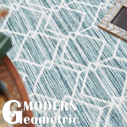 jinchan 3x5 Area Rugs for Entryway - Machine Washable Modern Rug Kitchen Stain Resistant Non-Slip Ultra-Thin Low-Pile Geometric Carpet for Entrance Bedroom Living Room (3x5ft, Teal Blue)