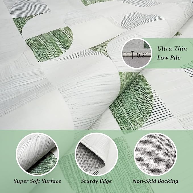 3x5 Rugs Machine Washable, Ultra-Thin Area Rugs for Bedroom Entryway Living Room Bedside Low-Pile, Boho Small Throw Floor Carpet Non Slip Soft Indoor Rug Modern Abstract Light Green