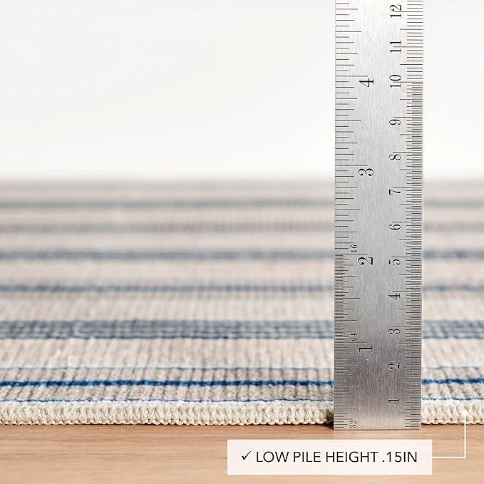 Dash and Albert Nimes Ticking Machine Washable Area Rug - 6' x 9' Neutral Stripe Washable Accent Rug - Durable, High Traffic Areas Kitchen, Mudroom, Hallways