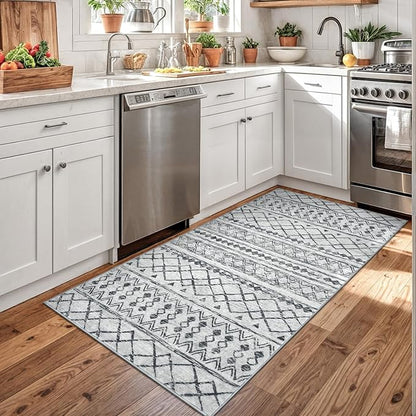 KUTA 3x5 Entryway Rug, Grey Non-Slip Washable Low-Pile Boho Moroccan Living Room Area Rug, Ultra Soft Distressed Geometric Print Throw Carpet for Entrance, Bedroom, Nursery, Dorm, Kitchen