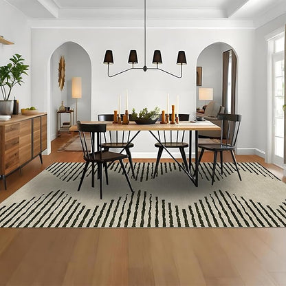 HelloTree Area Rug for Living Room 9x12 Washable Geometric Moroccan Rug Stripe Farmhouse Bohemian Minimalistic Non Slip Non Shedding Ultra Thin Soft Rug for Bedroom Office DiningRoom Nursery-Cream