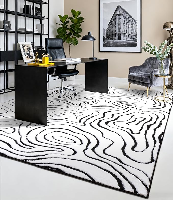 YIHOUSE Modern Rugs for Living Room 5x7, Washable Black and White Bedroom Rug, Fluffy Geometric Dining Room Rugs for Under Table Home Decor
