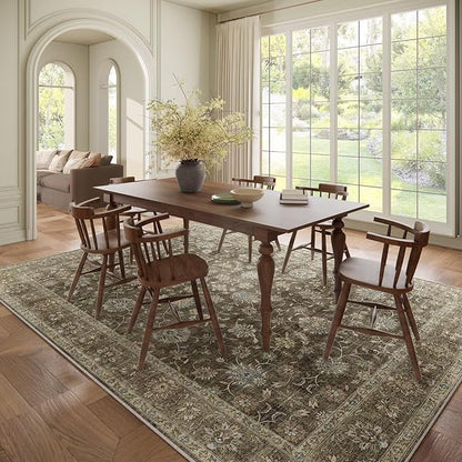 Washable 8x10 Area Rugs for Living Room, Boho Non-Slip Vintage Distress Large Rugs for Bedroom Dining Room Nursery Office, 0.3" Neutral Oriental Throw Thin Carpet, Tan/Flaxen/Multi