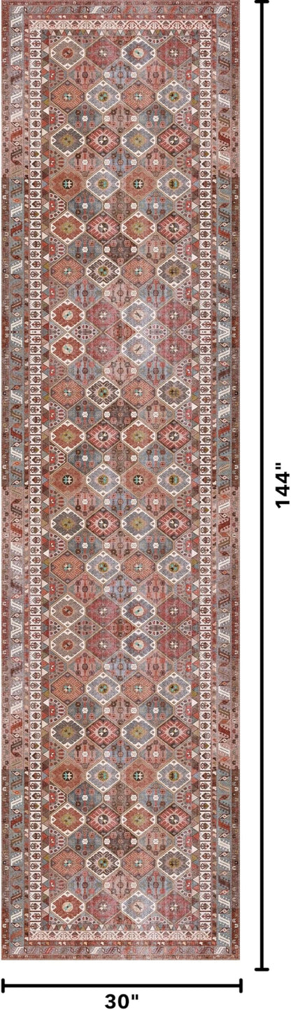Kuden 2'6"x12 Runner Rug, Machine Washable Area Rug with Non-Slip Backing, Vintage Style, Soft, Easy Clean, Low Pile Rug for Hallway, Entryway, Kitchen, Bedroom