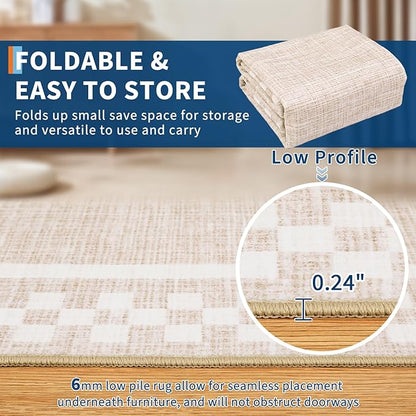 GarveeHome Washable Area Rug 4x6 Small Living Room Rugs Modern Bordered Soft Dining Room Throw Carpet Low Pile Non Slip Checkered Bedroom Rug Geometric Carpet for Nursery Kitchen Home Office, Beige