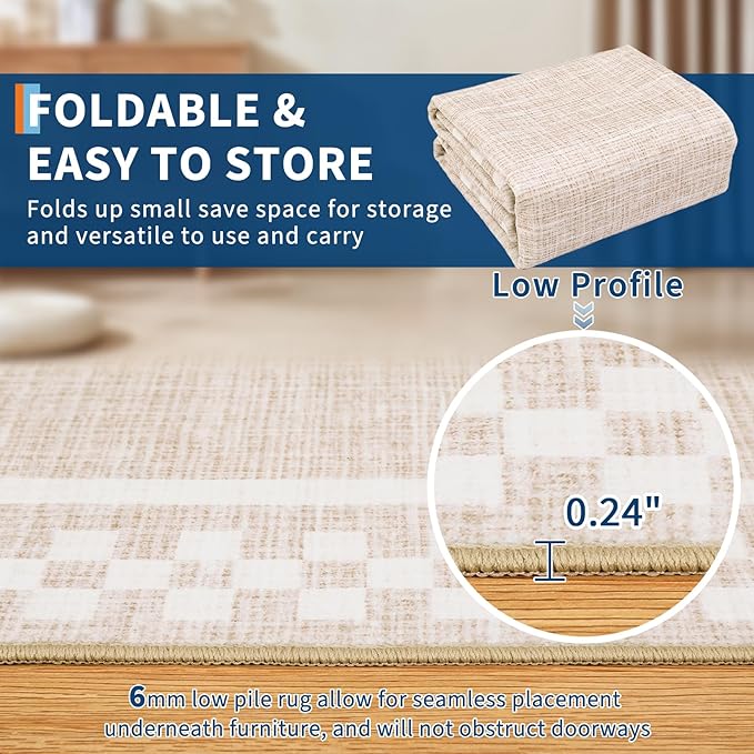Washable Runner Rug 2x10 Modern Bordered Hallway Runner Rug Non Slip Kitchen Throw Carpet Checkered Bathroom Entryway Runner Rugs Low Pile Solid Area Rugs for Living Room Bedroom Nursery Sink, Beige
