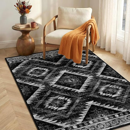 Area Rug 3x4 Rug Machine Washable Non-Slip Low Pile Print Pattern Western Rug for Living Room Bedroom Entryway Tribal Series-Black