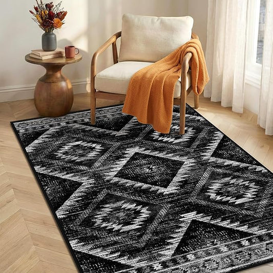 Area Rug 3x4 Rug Machine Washable Non-Slip Low Pile Print Pattern Western Rug for Living Room Bedroom Entryway Tribal Series-Black