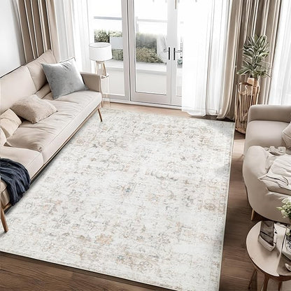 Washable 4×6 Area Rug for Living Room, Vintage Floral Rug Soft Non Slip Stain Resistant Boho Carpet for Indoor Bedroom Dinning Room Home Office Beige