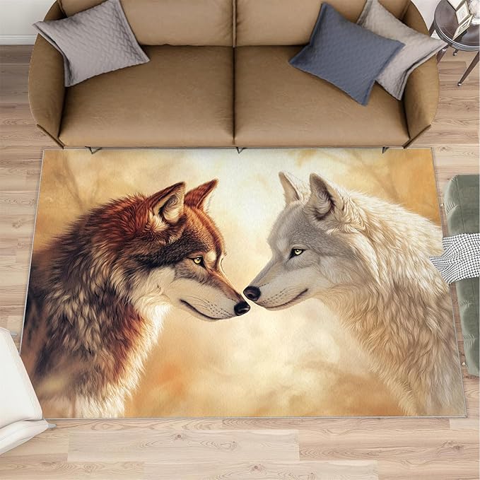 Wolf Rugs for Bedroom - 6x8 Area Rug - 3D Wolf Rugs for Living Room, Misty Forest Rug, Non-Slip Washable Home Decor Carpet