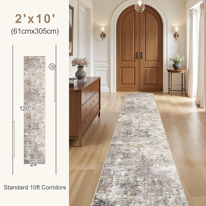 2X10 Washable Runner Rug for Hallway: Soft Neutral Modern Abstract Area Rug - Non-Slip Low Pile Long Throw Indoor Carpet for Kitchen Entryway Kitchen Bedroom Laundry - Brown Grey