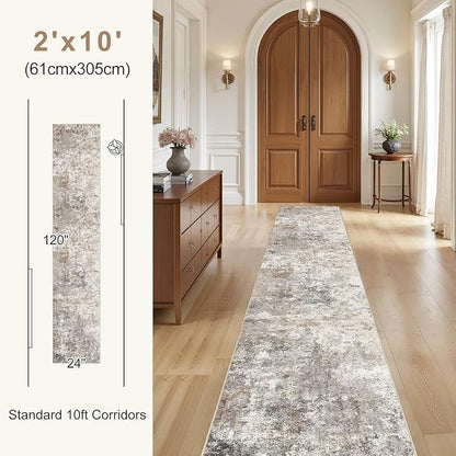 2X10 Washable Runner Rug for Hallway: Soft Neutral Modern Abstract Area Rug - Non-Slip Low Pile Long Throw Indoor Carpet for Kitchen Entryway Kitchen Bedroom Laundry - Brown Grey