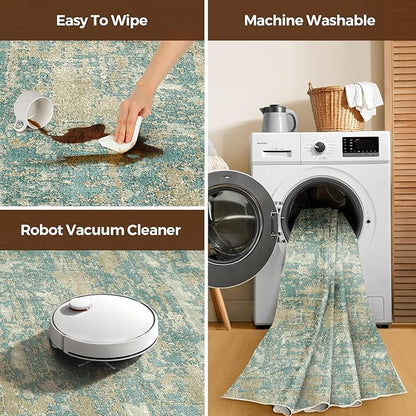 WITSHOCK Living Room Area Rugs 7x9：Modern Abstract Machine Washable Large Rug for Bedroom Dining Room Non-Slip Stain Resistant Home Office Decor,Teal Brown