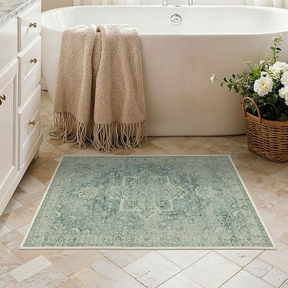 Area Rug 2x3 Doormat, Machine Washable Low Pile Vintage Rugs, Small Lightweight Rug Entryway Indoor Mat for Entrance, Hallway, Kitchen and Corridor, Green