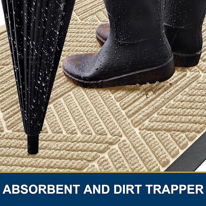 Kitinjoy Front Door Mat Outside Entrance, Sturdy Natural Dirt Trapper, Heavy Duty Rubber Doormat, Low Profile Non-Slip Backing, Easy Clean Floor Mat for Indoor Outdoor Entry, 35X23 Inch, Beige