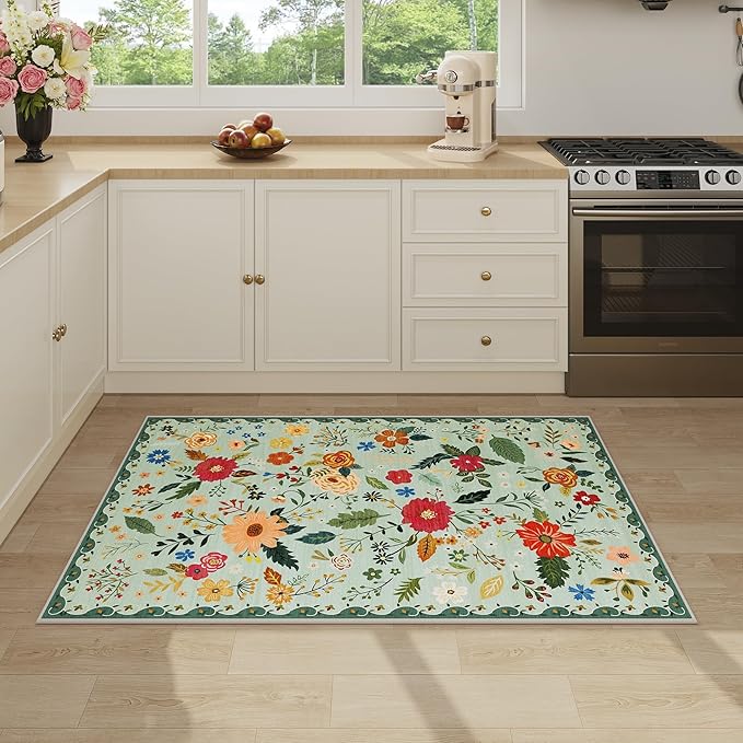 3x5 Area Rug, Floral Green Washable Rug for Entryway, Non Slip Flower Area Rugs, Soft Low Pile Indoor Doormat Small Carpet, Rugs for Living Room Bedroom Nursery Kitchen Dining Room, Sage Green