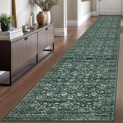 Runner Rug 2.6x16, Dark Green Washable Long Hallway Rug Runner Non-Slip Soft Kitchen Runner Thin Printed Faux Wool Super Soft Carpet for Entryway Bedroom Laundry Room Indoor Home Decor