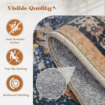 Area Rug 6x9 Washable Rug, Vintage Boho Medallion Rugs Non-Slip Soft Low Pile Large Distressed Rug Indoor Retro Carpet for Living Room Bedroom Dining Room Home Office (Tribal Medallion/Multi, 6'x9')