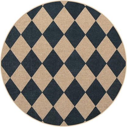 Lahome Checkered Round Rug 3ft, Circle Indoor Outdoor Entryway Patio Rug Washable Easy Jute Rug, Farmhouse Non Slip Small Round Rugs for Bedroom Porch Living Room Decor