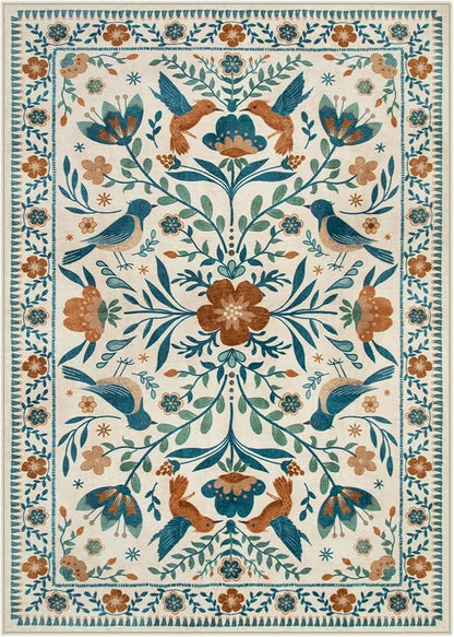 Moynesa 3x5 Entryway Rug Indoor, Modern Bohemian Washable Non-Slip Low Pile Area Rug for Kitchen Bedroom Entry,Lightweight Foldable Farmhouse Floral Bird Print Pattern Carpet Retro Home Decor