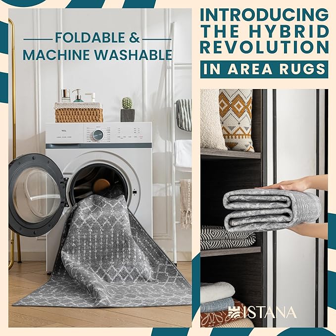 Istana Living Room Rug 10x14 - Dark Grey 10 x 14 Area Rug - Foldable Machine Washable Area Rugs 10x14 - Stylish 10x14 Area Rugs Boho - Stain Resistant Washable Rug 10x14