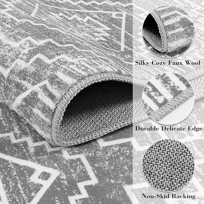 Wonnitar Moroccan Area Rugs 3x5, Gray Washable Entry Rug,Non-Slip Boho Small Bedroom Throw Mat, Non-Shedding Farmhouse Soft Low Pile Floor Carpet for Kitchen Bathroom Living Room (Silver Grey,3'x5')