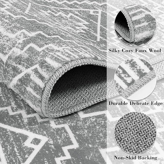 Wonnitar Moroccan Washable Rugs 4x6, Non-Slip Gray Living Room Area Rug, Boho Soft Large Rugs for Bedroom, Geometric Non-Shedding Thin Floor Carpet for Entry Kitchen Mud Room (Silver Grey,4'x6')