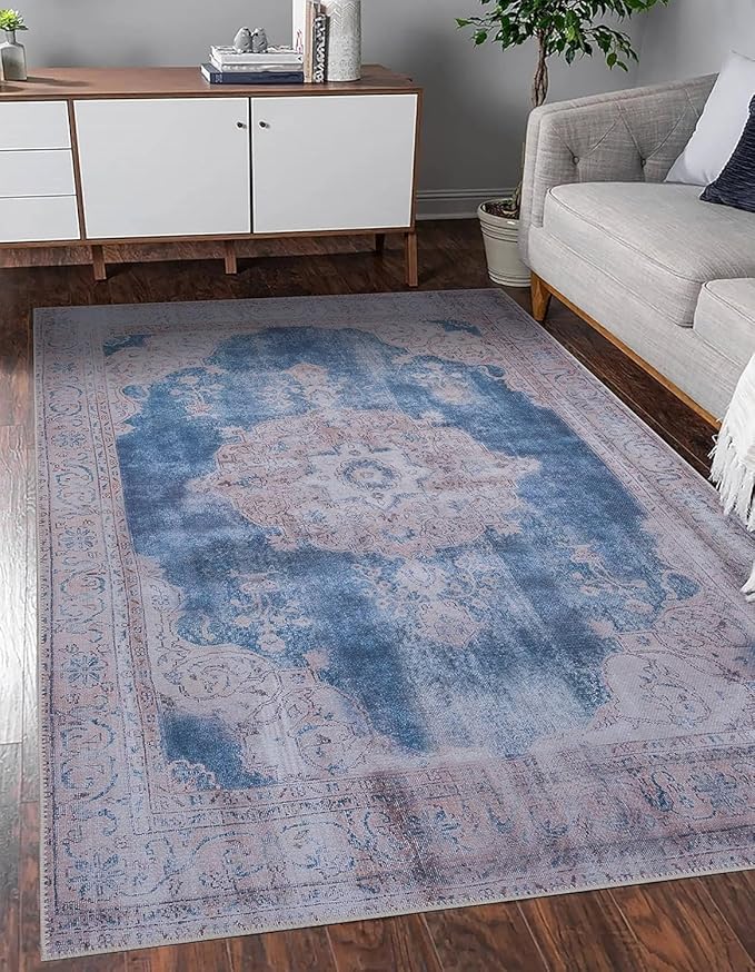 GLN Rugs Traditional Collection - Machine Washable Area Rug, Traditional Washable, Non Slip, Low Pile Chenille Rug, Living Room, Bedroom, Kitchen Rug (8' x 10' Cream/Navy)