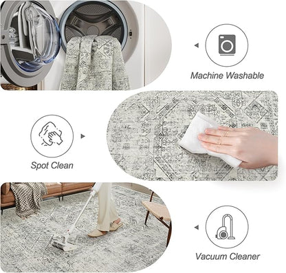 6x9 Area Rug for Living Room Floral Washable Non-Slip Gray Rugs for Bedroom Dinning Room Ultra-Thin Indoor Grey Rug
