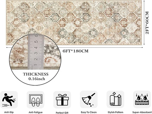 Lahome Moroccan Trellis Hallway Runner Rug, 2x6 Kitchen Runner Rugs Non Skid Washable, Vintage Laundry Room Rug Ultra-Thin Long Carpet for Bathroom Bedroom Entryway, Khaki