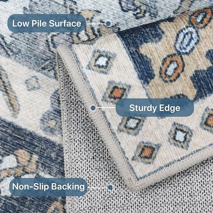 5x7 Area Rug Machine Washable Boho Rug for Living Room,Ultra-Thin Low Pile Carpet,Lightweight Indoor Printed Rug,Non Slip Floral Area Rug for Bedroom, Dining Room, Home Office,Blue