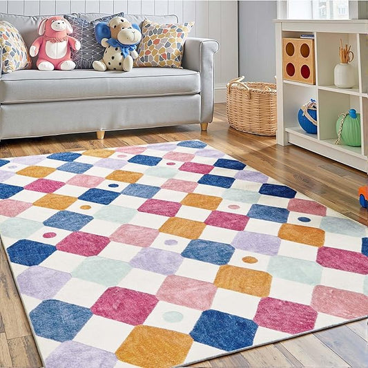 jinchan Macy Area Rug 4x6 Kids Washable Indoor Floor Cover Non-Slip Modern Soft Rug Elementary School Classroom Colorful Diamond Carpet for Nursery Playroom Daycare Living Room Berries on Cream