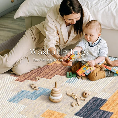 Phantoscope Washable Runner Rug 2'x8' Non-Slip, Modern Neutral Boho Hallway Rugs for Entryway, Stair, Bedroom, Abstract Geometric Blocks Pattern, Low-Pile Foldable Floor Carpet, Warm Terracotta/Cream