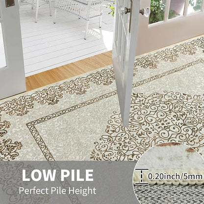Easy-Going Boho Neutral Area Rug 2x3 Washable Entryway Rugs Front Door Mat Indoor Entrance Non-Slip Floral Brown Small Entry Rug for Living Room Bedroom Kitchen Bathroom Home Office Lightweight Carpet