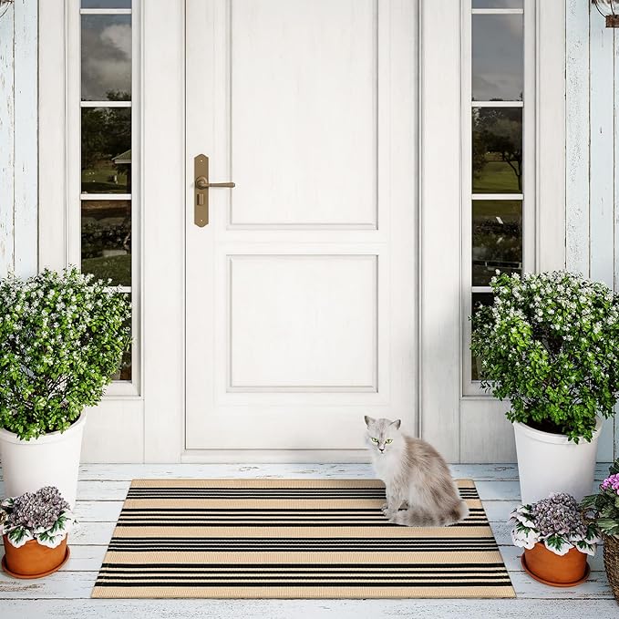 Striped Outdoor Front Door Mat 24"x51", Cotton Hand Woven Washable Black and Khaki Rug Runner, Reversible Foldable Indoor Layered Front Door Rugs for Entryway/Farmhouse/Home Entrance