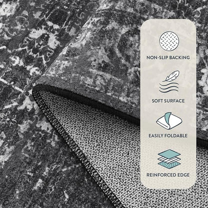 Lahome Black Washable Runners for Hallways,Boho 2'6"x10' Kitchen Runner Rugs Non Skid Washable Indoor Bathroom Runner Rug,Distressed Carpet Runners for Bedroom Entryway Foyer(2'6"x10', Black/Grey)
