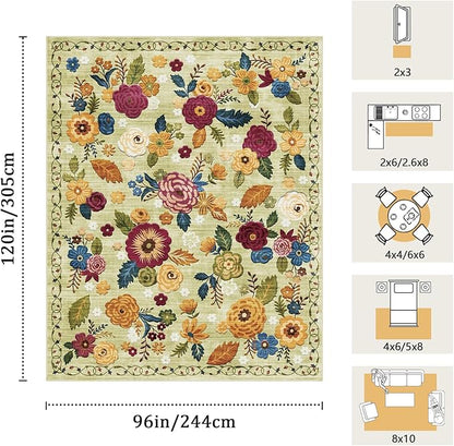 8x10 Machine Washable Area Rug for Living Room, Green Vintage Boho Floral Rug Large Non-Slip Low Pile Soft Faux Wool Carpet, Kids and Pets Friendly for Bedroom Dining Room Farmhouse Home Decor Rug